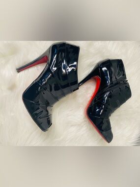 Christian Louboutin Authentic Black Patent Peep-Toe Booties with Iconic Red Sole